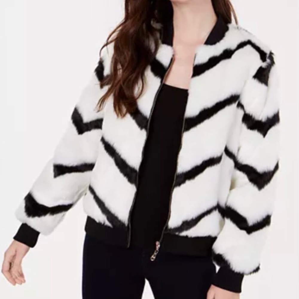 NWT! Chevron-Printed Faux-Fur Bomber Jacket